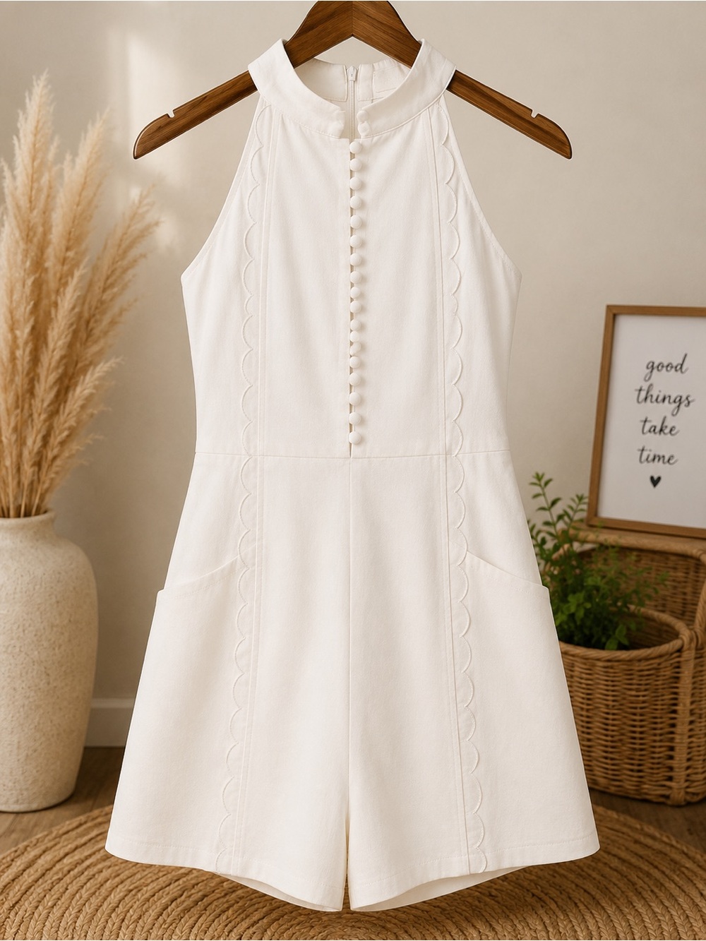 Vita White High Neck, Covered Buttons, Sleeveless Scalloped-Trim Romper